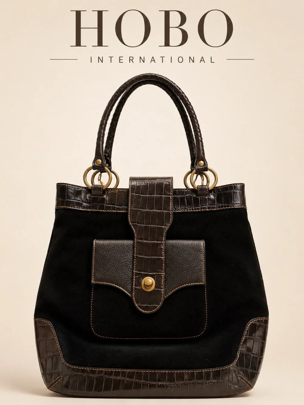 HOBO International Black Suede Croc Embossed Leather Shoulder Tote Bag